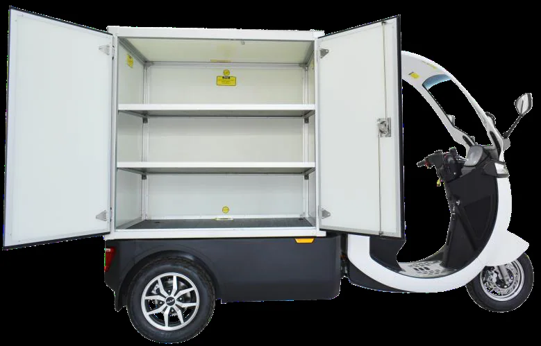 Cargo box with open doors showing storage layers