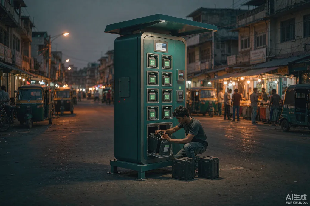 Battery swap station cabinet on a street corner at dusk, a man sliding in a battery pack